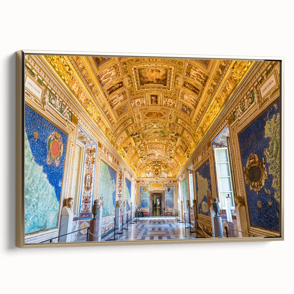Framed canvas featuring a vintage-style landscape painting of the Vatican, with gold and black tones.