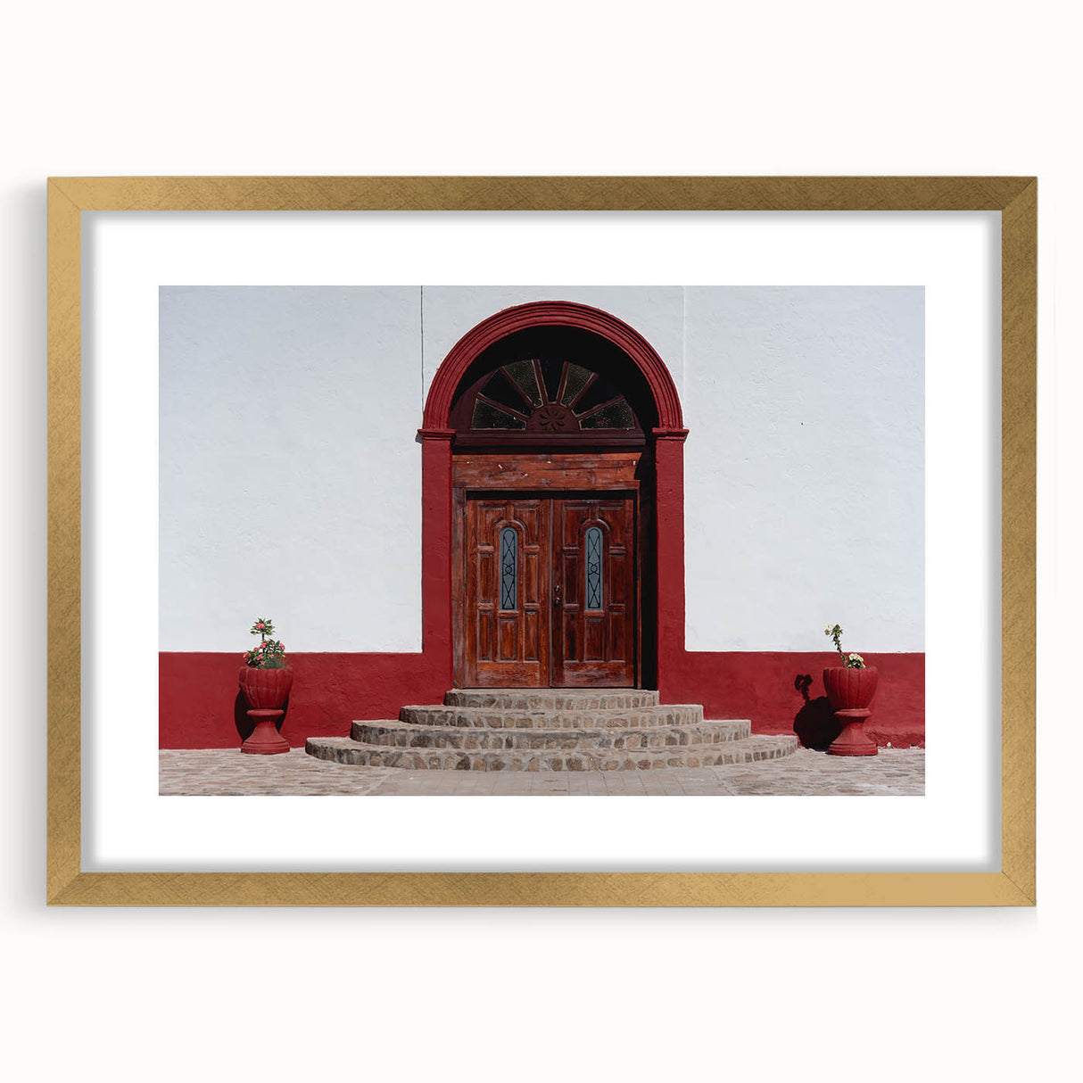 Extra large abstract art print depicting textured Baja California scenery in gold frame, ideal for living room decor.