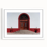 Abstract art print of Baja California scenery in muted earth tones, framed with a white mat, suitable for dining room decor.