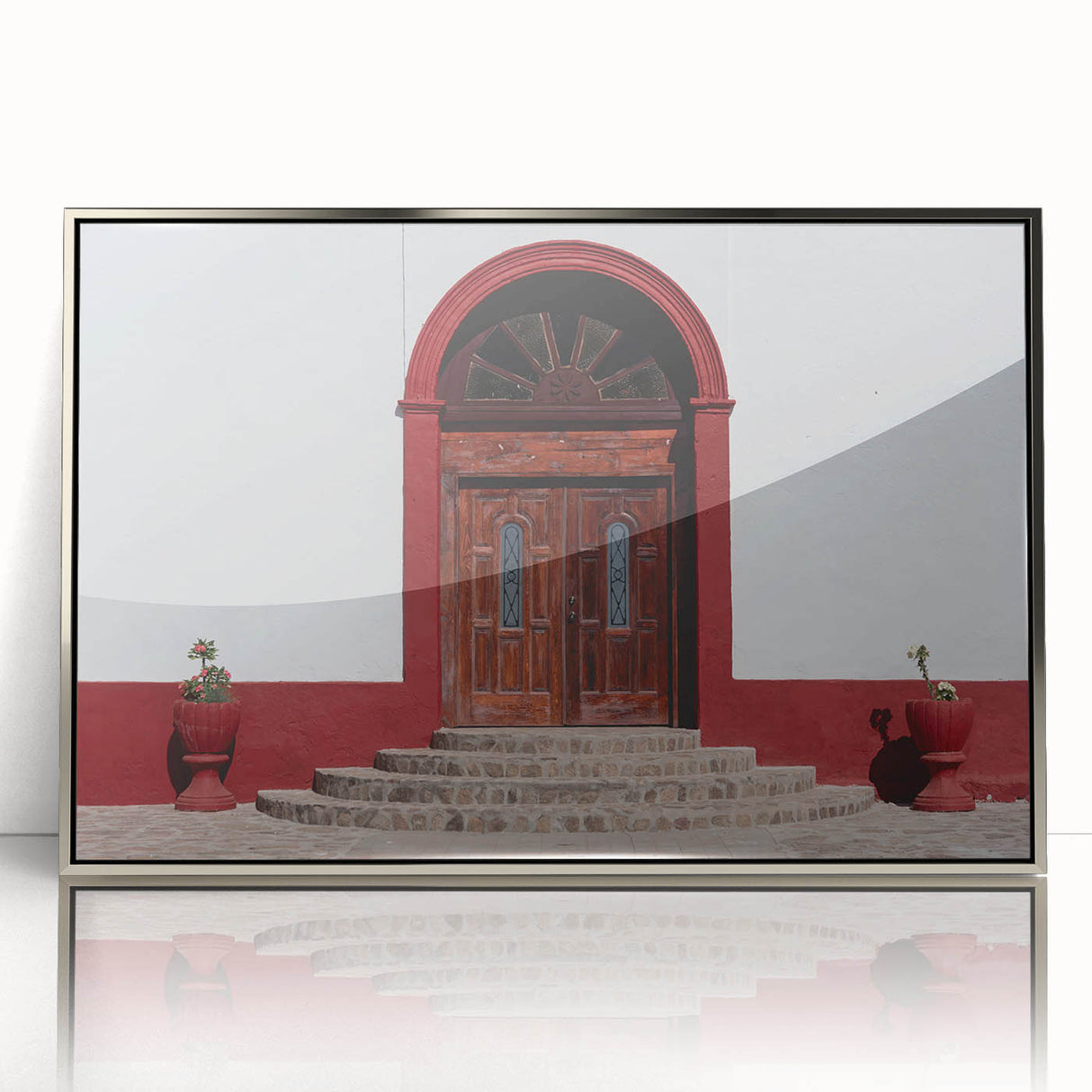 Mid-century modernist art of Baja California scenery on a framed acrylic print in silver, with muted earth tones.