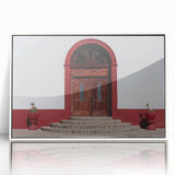 Art deco poster of Baja California scenery in acrylic frame, with pastel blue and white tones.