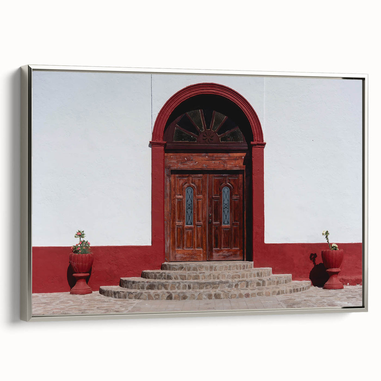 Landscape art painting of Baja California on a framed canvas, featuring a vintage poster style with a colorful palette.