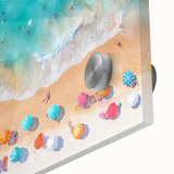 Large abstract wall art of Cancun scenery in vibrant blue and green hues on acrylic glass, ideal for dining room ambiance.