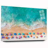 Large abstract wall art of Cancun scenery in vibrant blues and greens on acrylic glass.