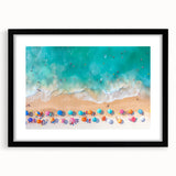 Extra large, textured abstract art print of colorful Cancun scenery on a black framed canvas, ideal for living room decor.