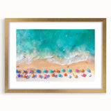 Extra large abstract art print of Cancun scenery in muted blue and green tones on a textured canvas, framed in gold.