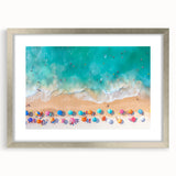 Textured abstract art print of Cancun scenery in muted blue and green, framed in silver, ideal for bedroom art.
