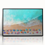Large abstract wall art depicting a Cancun scenery in muted blue and green tones, framed in black acrylic.