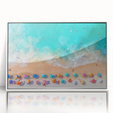 Art deco poster of Cancun scenery with muted blue and green tones on framed acrylic, ideal for modern art wall decor.