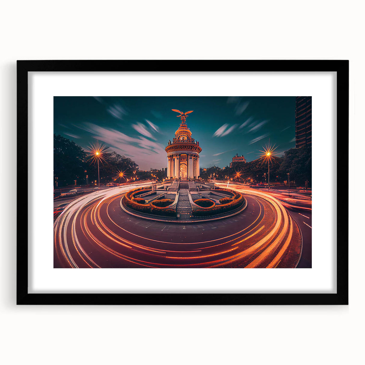 Extra large abstract art print of Mexico City with vibrant, colorful textures on a framed black mat.
