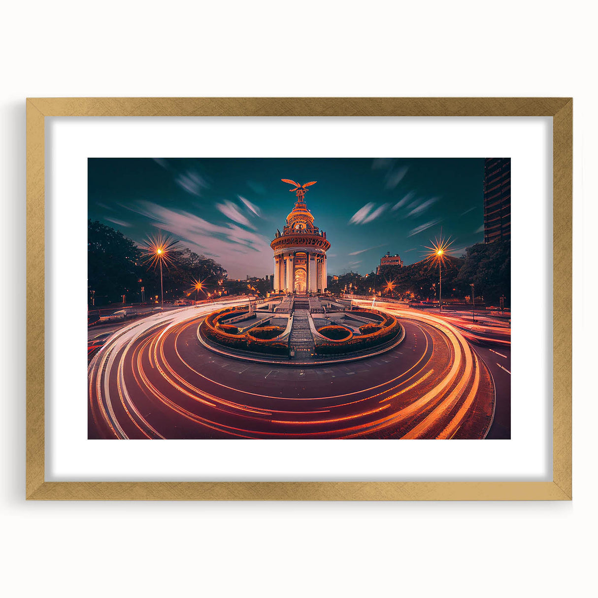Extra large abstract art print of Mexico City, featuring textured design in gold frame, ideal for living room decor.