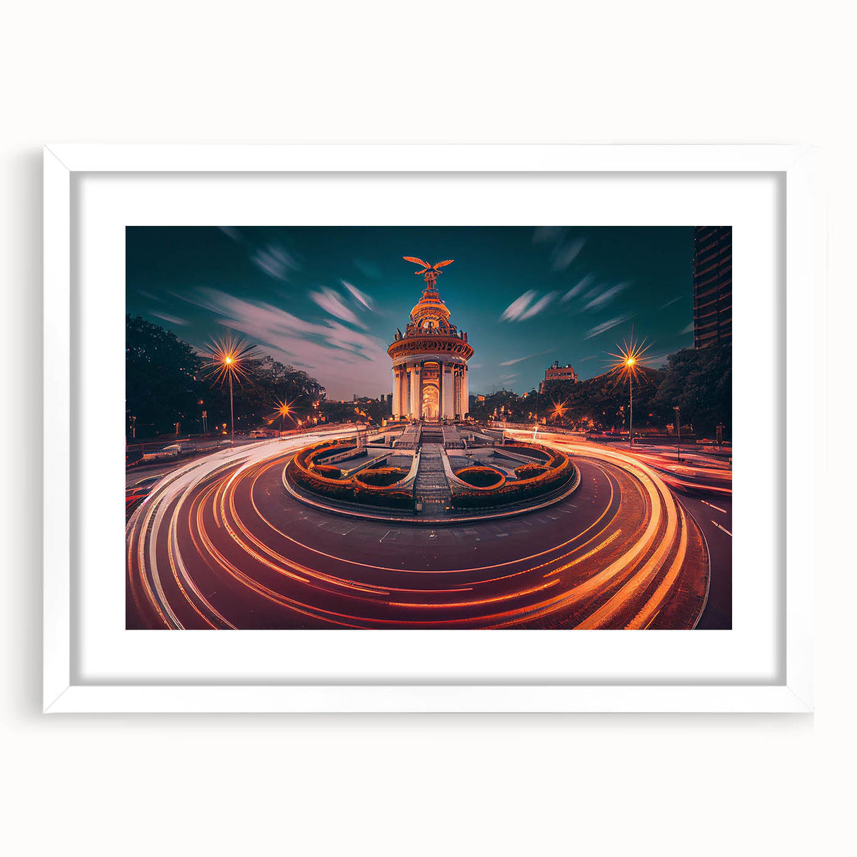 Abstract art print of Mexico City skyline in muted gray and blue tones on a framed white mat.