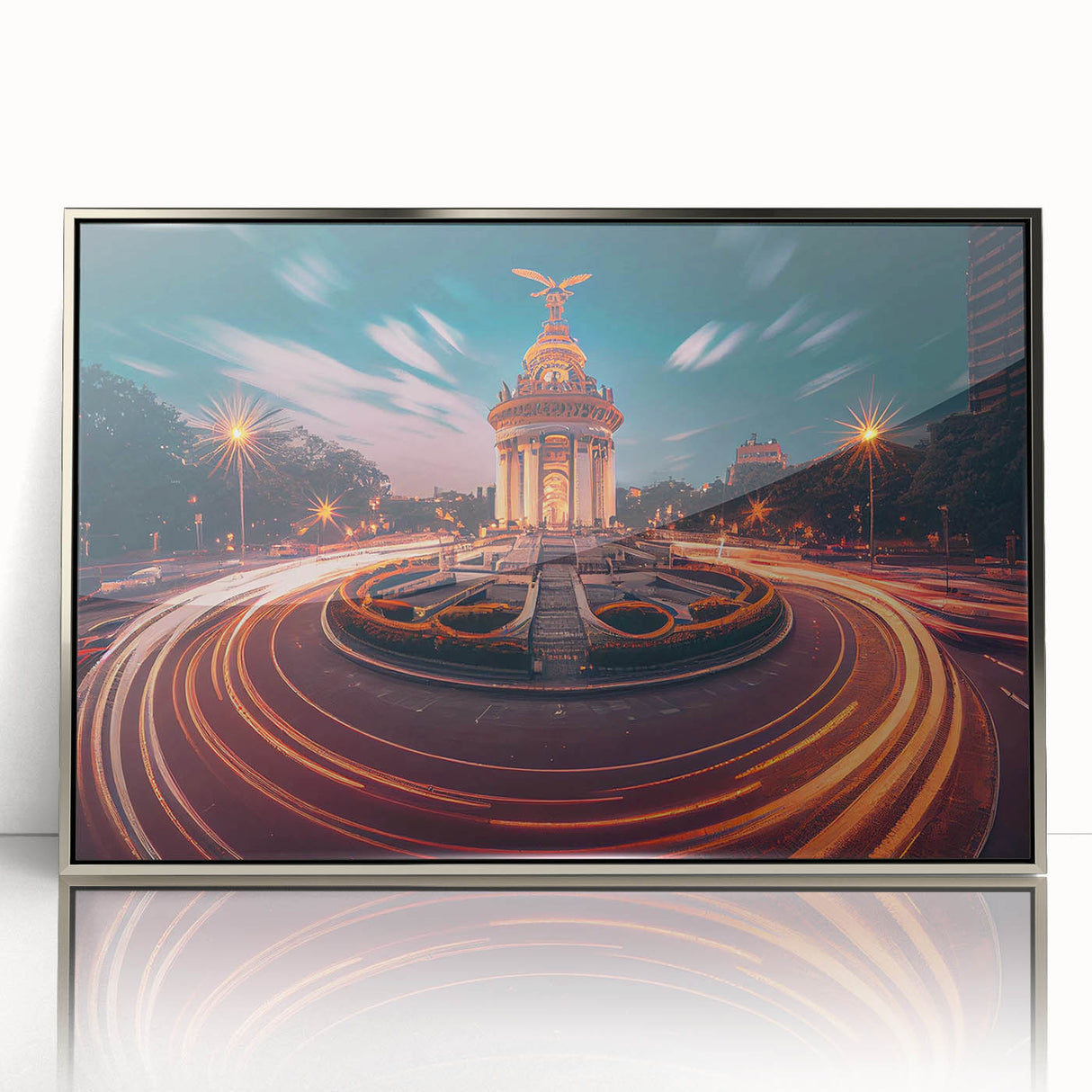 Mid-century modernist art depicting Mexico City scenery in silver frame, ideal for modern art wall decor.