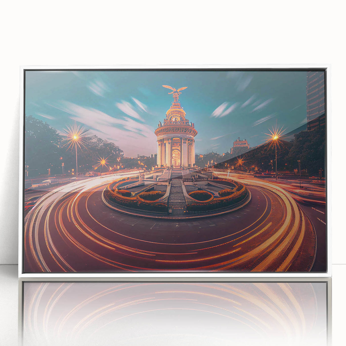 Acrylic print of Mexico City scenery in art deco style, framed in white, suitable for modern nursery decor.