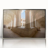 Mid-century modernist art depicting Oaxaca scenery in muted earth tones on a silver-framed acrylic.