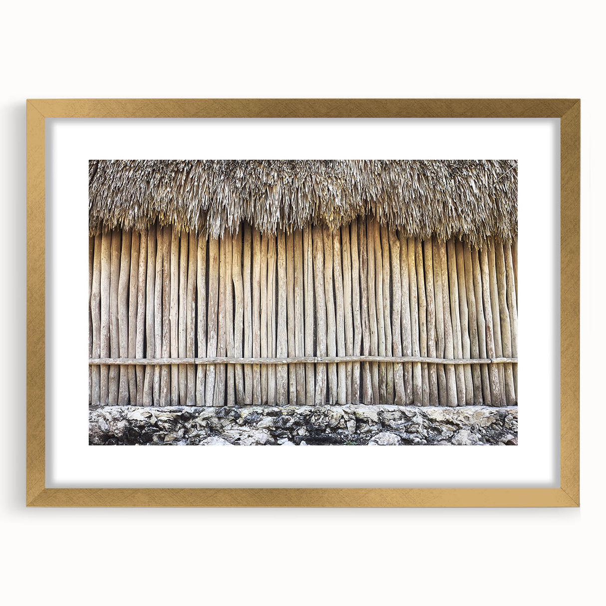 Extra large abstract art print of Quintana Roo scenery in gold frame, featuring textured brush strokes and earthy tones.
