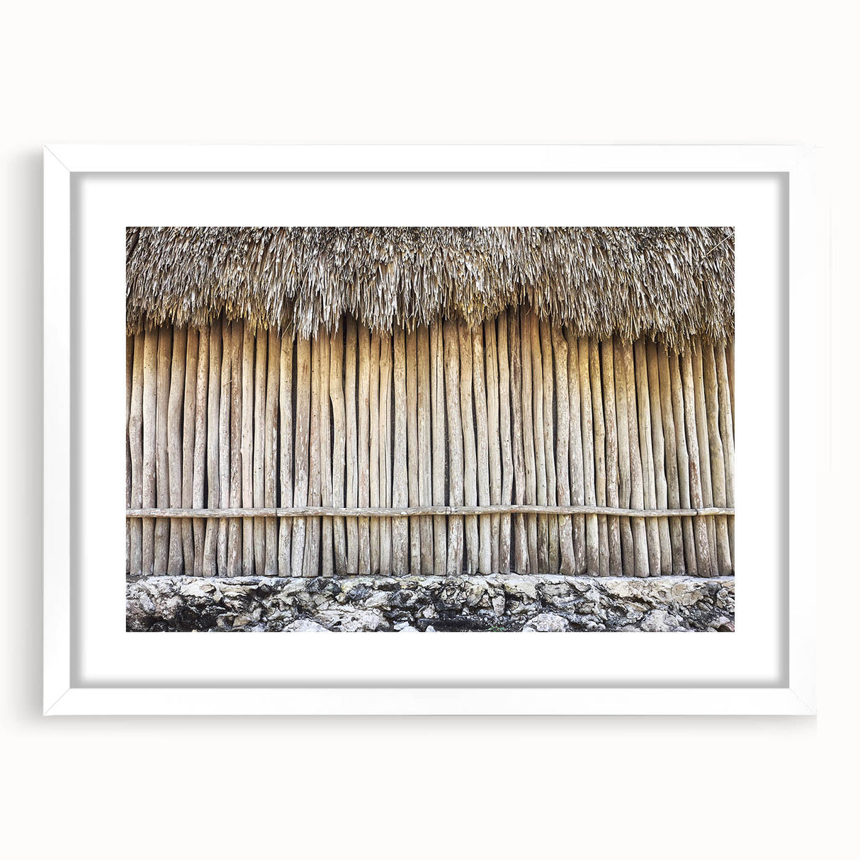 Abstract art print depicting a serene Quintana Roo landscape in muted blue and green tones, framed in white.