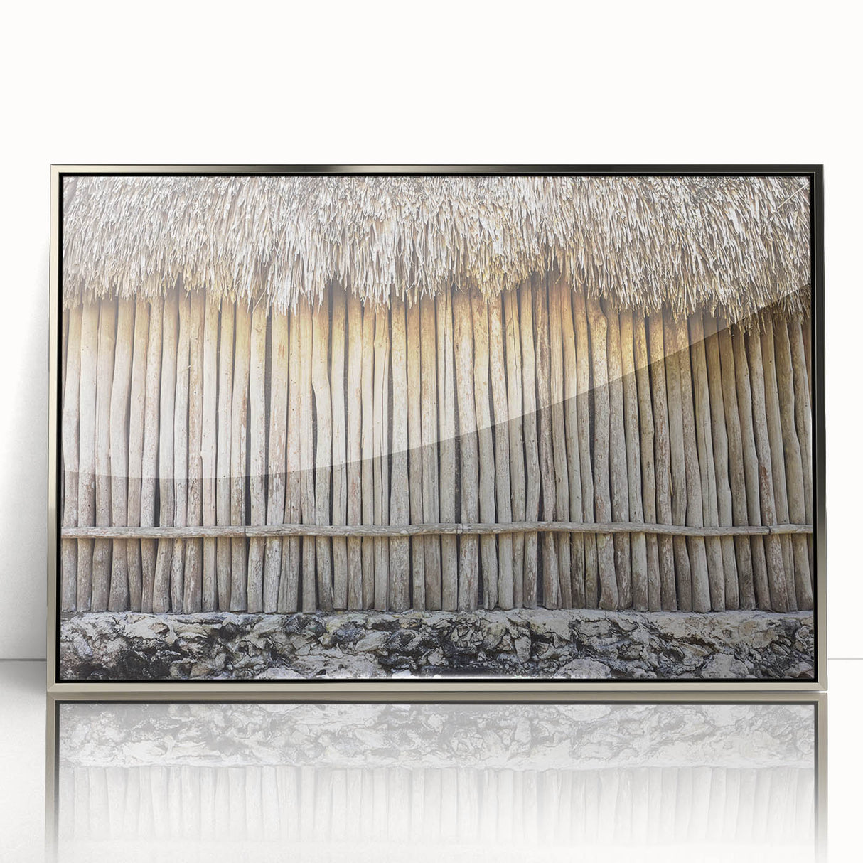 Mid-century modernist art depicting a serene Quintana Roo landscape on a silver-framed acrylic, with muted earth tones.
