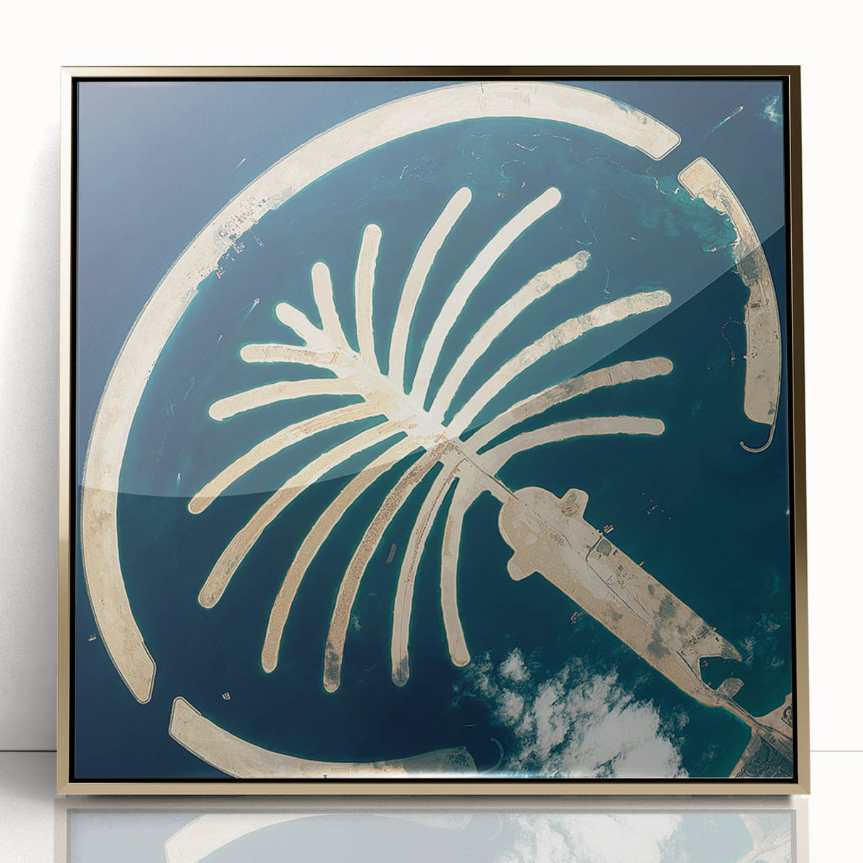 Acrylic print of Dubai skyline in gold tones, framed, in a mid-century modernist style, suitable for modern art wall decor.