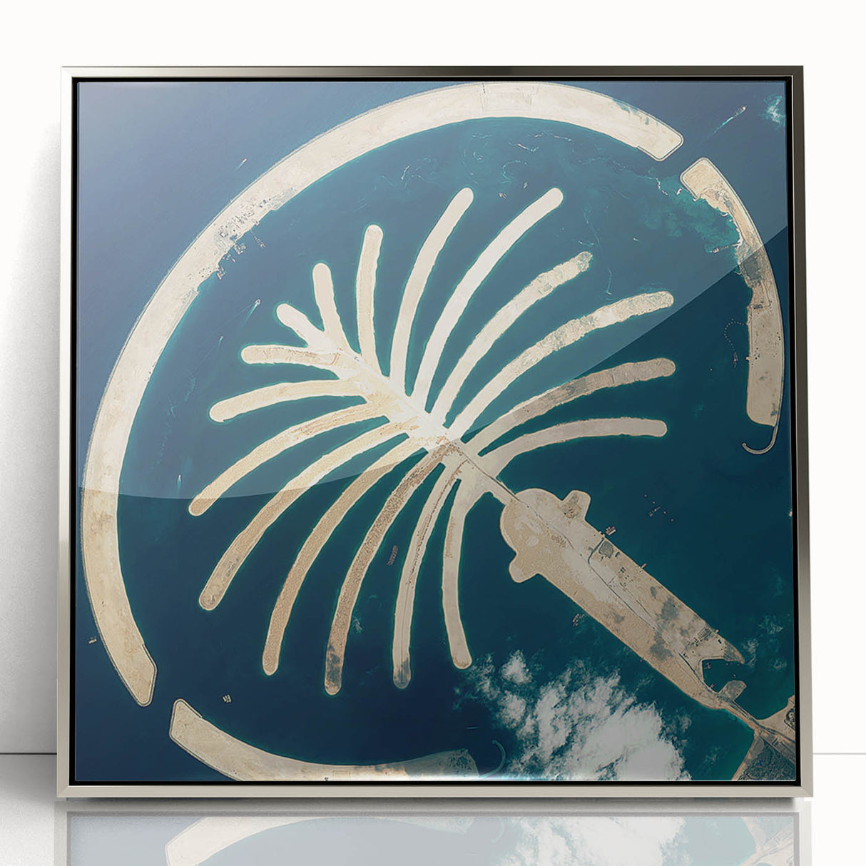 Mid-century modernist art of Dubai skyline in silver acrylic frame, featuring cool blue and gray tones.