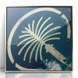 Mid-century modernist art of Dubai skyline in silver acrylic frame, featuring cool blue and gray tones.