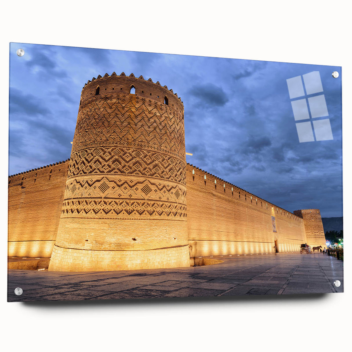 Large abstract wall art depicting a Middle Eastern scenery in muted earth tones on acrylic glass.