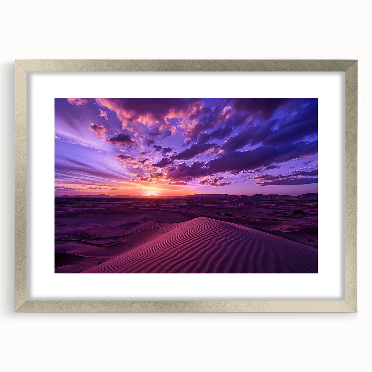 Textured abstract art print of Middle Eastern scenery in muted earth tones, framed with a silver mat.
