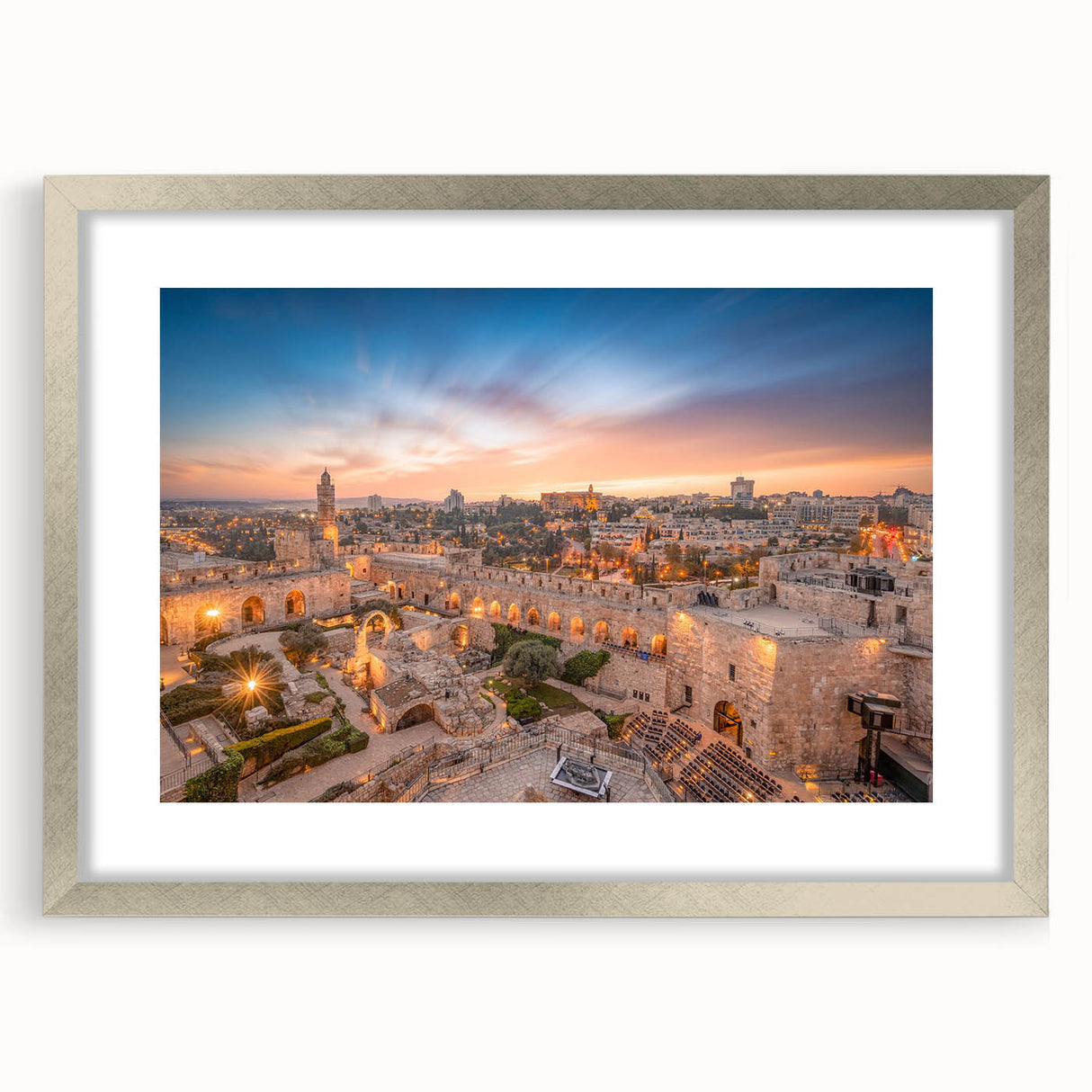 Textured abstract art print of Jerusalem skyline in muted earth tones on a framed silver mat, suitable for bedroom art.
