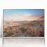 Acrylic print of Jerusalem scenery in muted earth tones, framed in white, suitable as modern art wall decor or for a nursery.