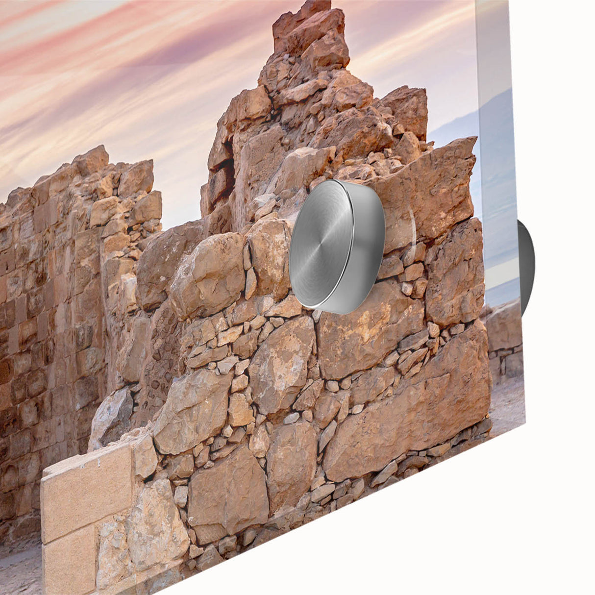 Large abstract wall art depicting a Middle Eastern landscape in muted earth tones on acrylic glass.