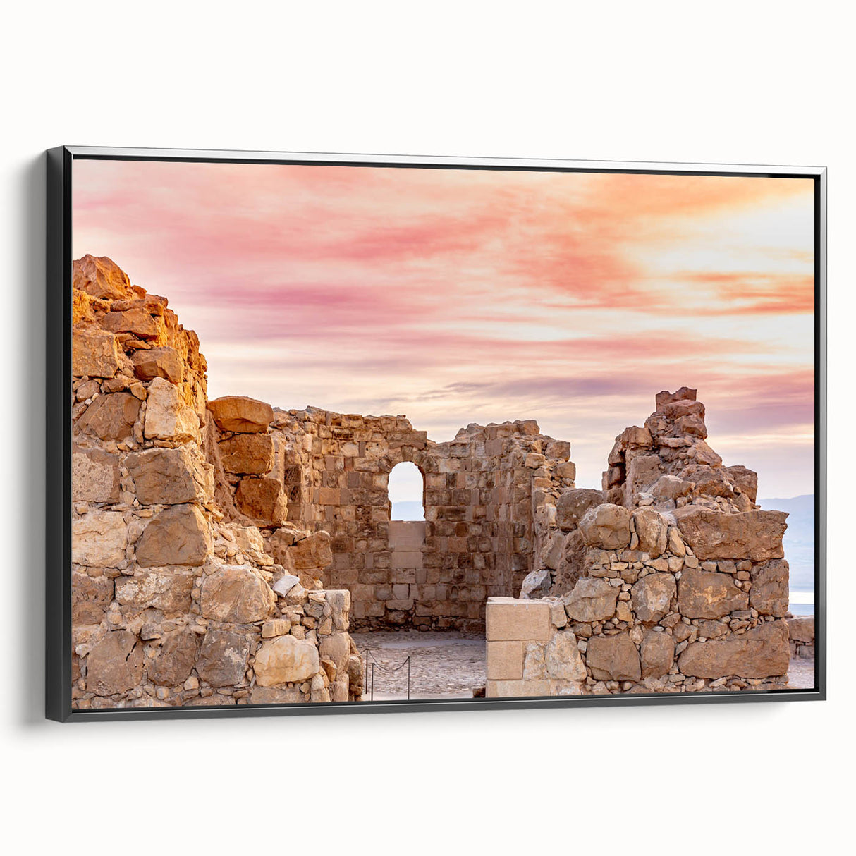 Black and white framed canvas of a vintage-style Middle Eastern landscape, ideal for bedroom wall art.