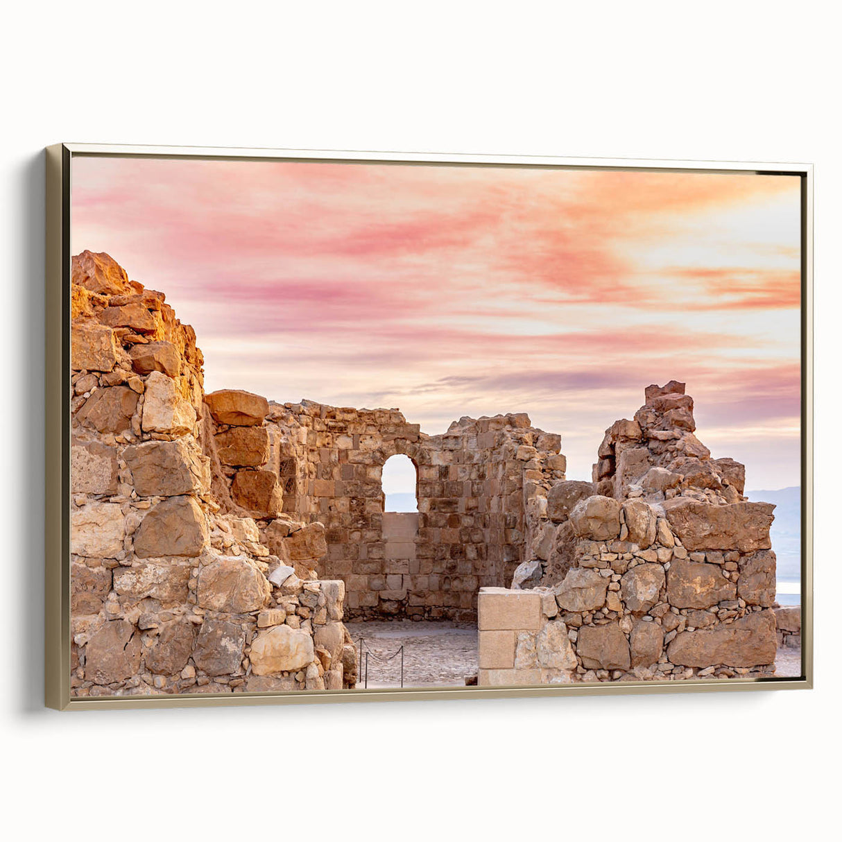 Framed canvas of a vintage-style Middle Eastern landscape in gold and black tones, ideal for bedroom wall decor.