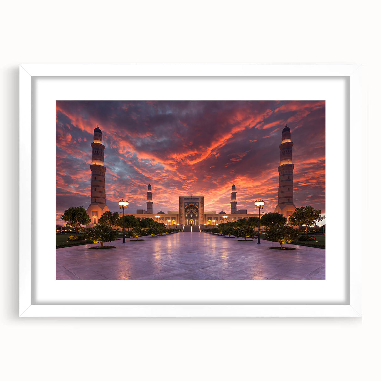Abstract art print depicting a stylized Middle Eastern landscape in earthy tones, framed with a white mat.