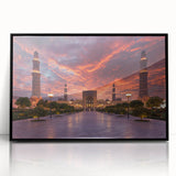Large abstract wall art depicting a Middle Eastern Oman scenery in muted earth tones on a framed acrylic.