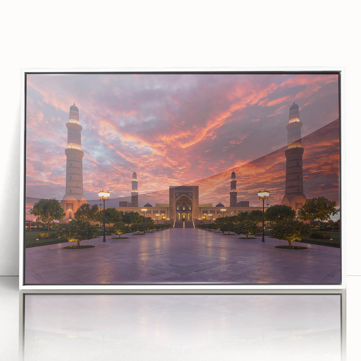 Acrylic print of a Middle Eastern scenery in Oman with a white frame, featuring art deco style.