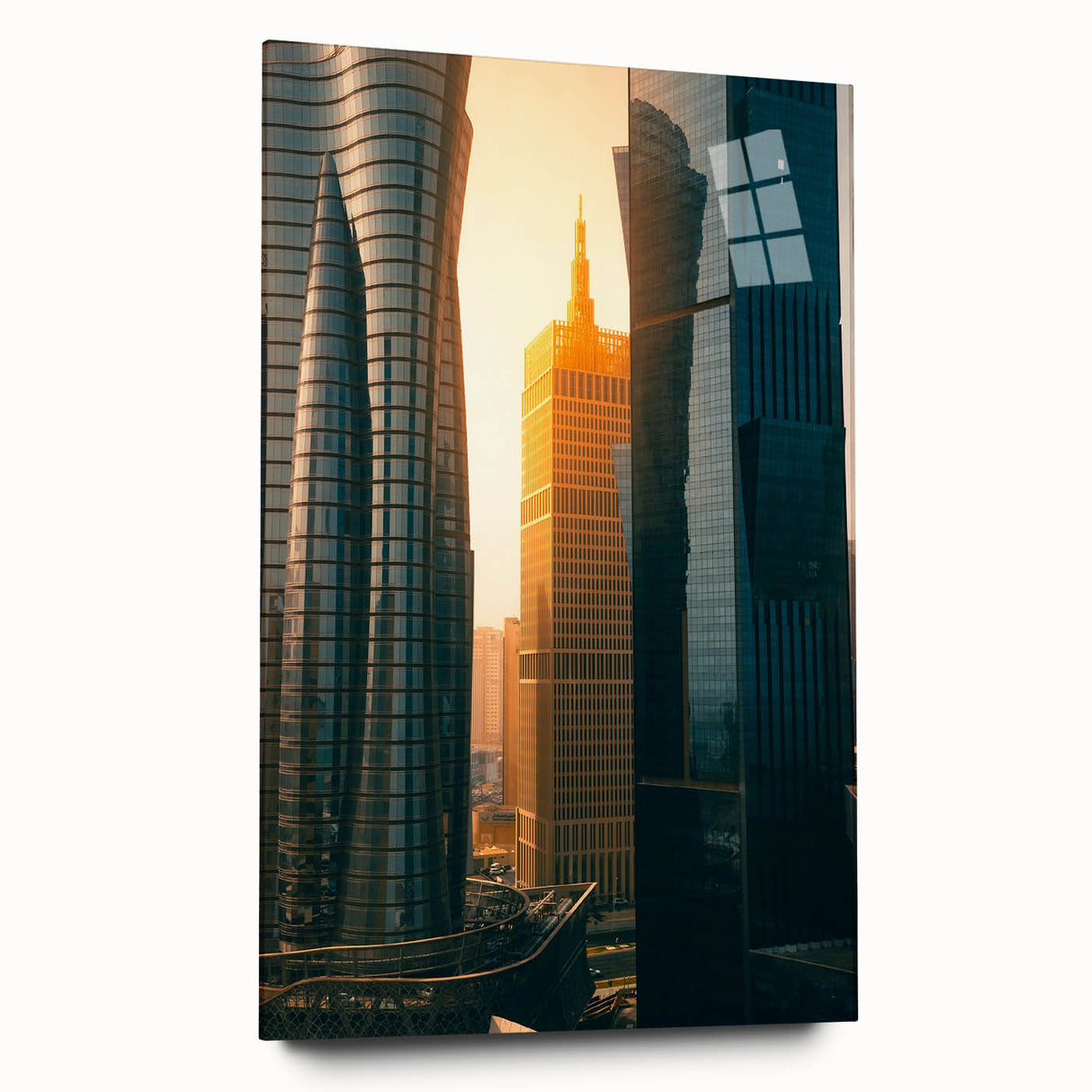 Large abstract wall art of Qatar scenery in muted earth tones on acrylic glass, ideal for bedroom or dining room decor.