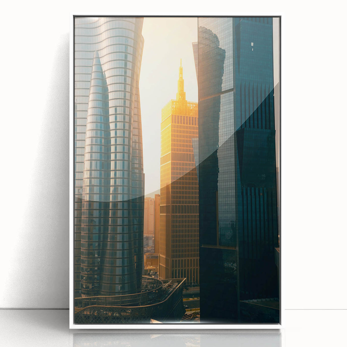 Acrylic print of a Qatar landscape in art deco style with muted desert hues, ideal for modern art wall decor.