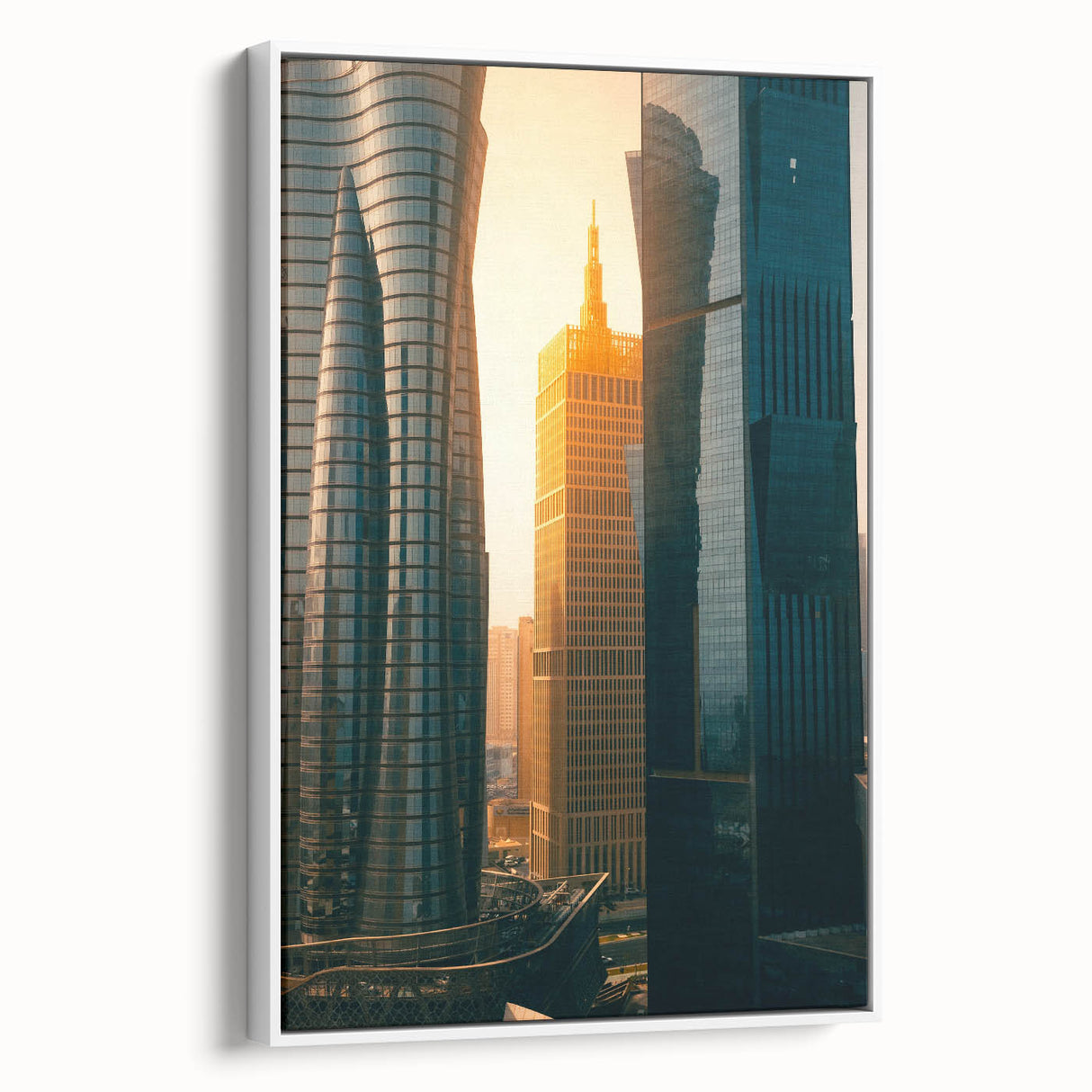 Vintage poster art of a Middle Eastern Qatar scenery on a framed canvas, featuring colorful art with black accents.