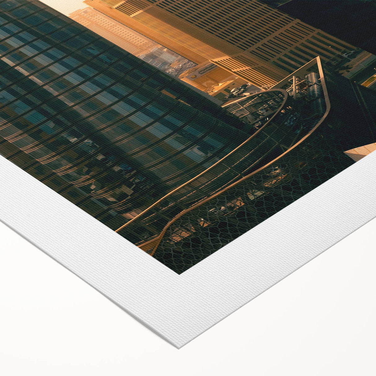 Art Deco poster featuring the Doha, Qatar skyline in muted gold and navy tones on rolled canvas.