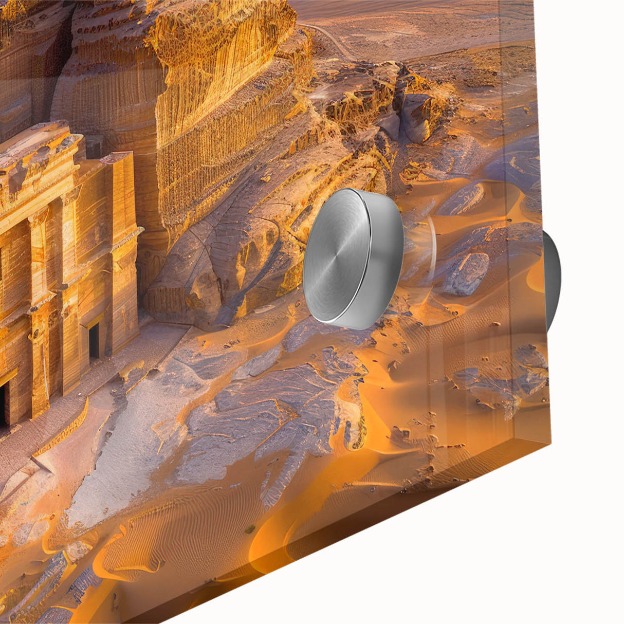 Large abstract wall art depicting a Saudi Arabian landscape in muted earth tones on acrylic glass, ideal for dining room art.