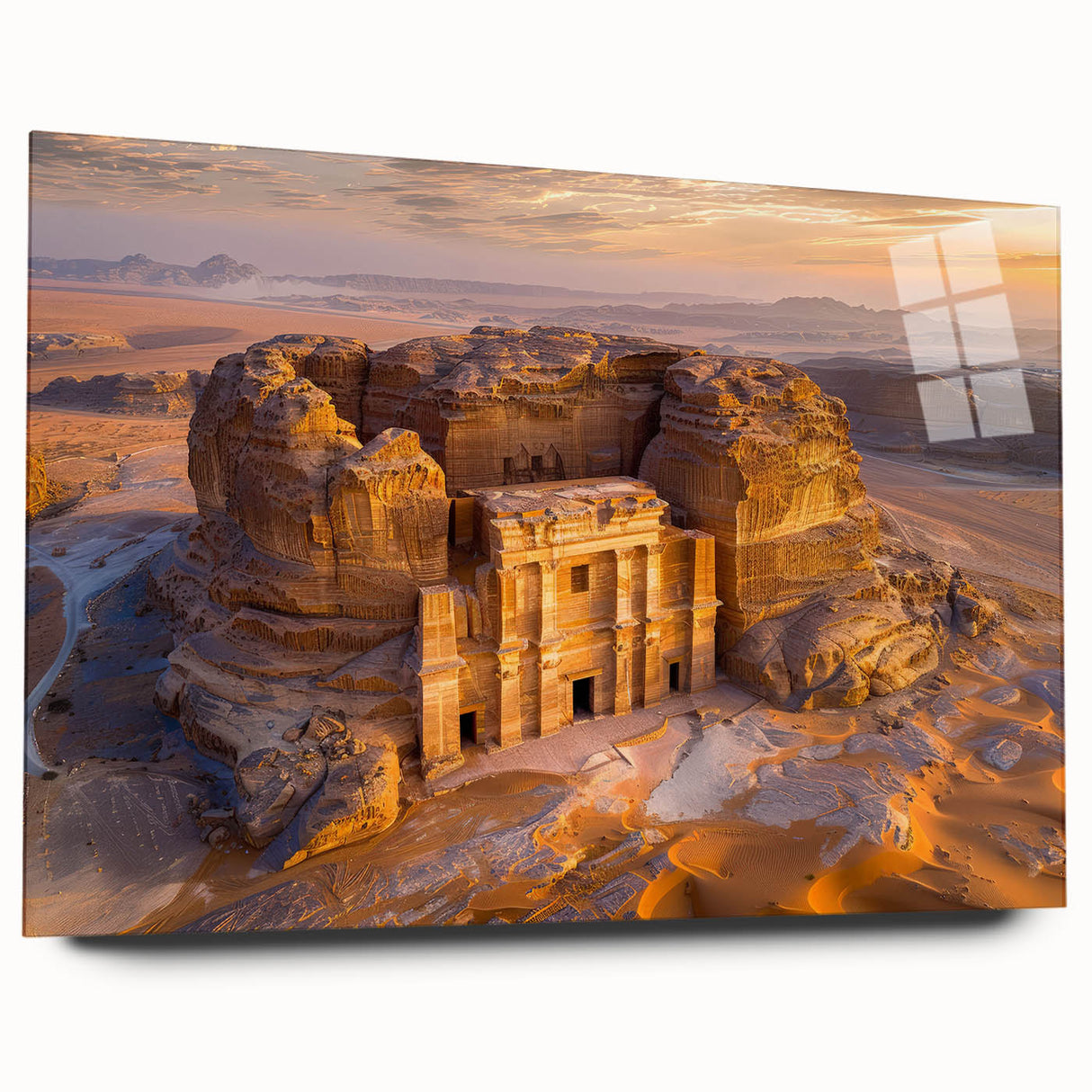 Large abstract wall art depicting a serene Saudi Arabian landscape in muted earth tones, printed on acrylic glass.