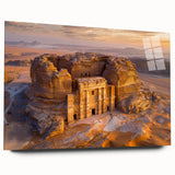 Large abstract wall art depicting a serene Saudi Arabian landscape in muted earth tones, printed on acrylic glass.