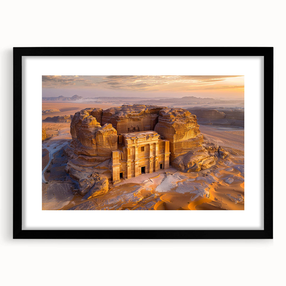Extra large abstract art print featuring colorful, textured scenery of a Middle Eastern landscape on a black framed canvas.