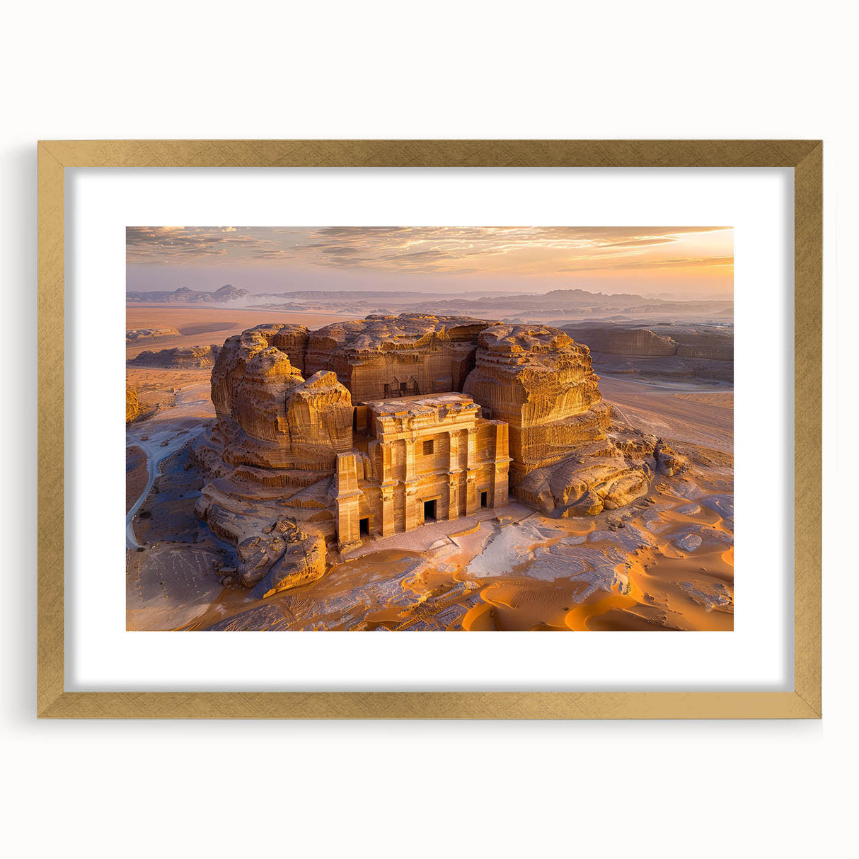 Extra large abstract art print featuring textured scenery of a Middle Eastern landscape in muted gold tones.