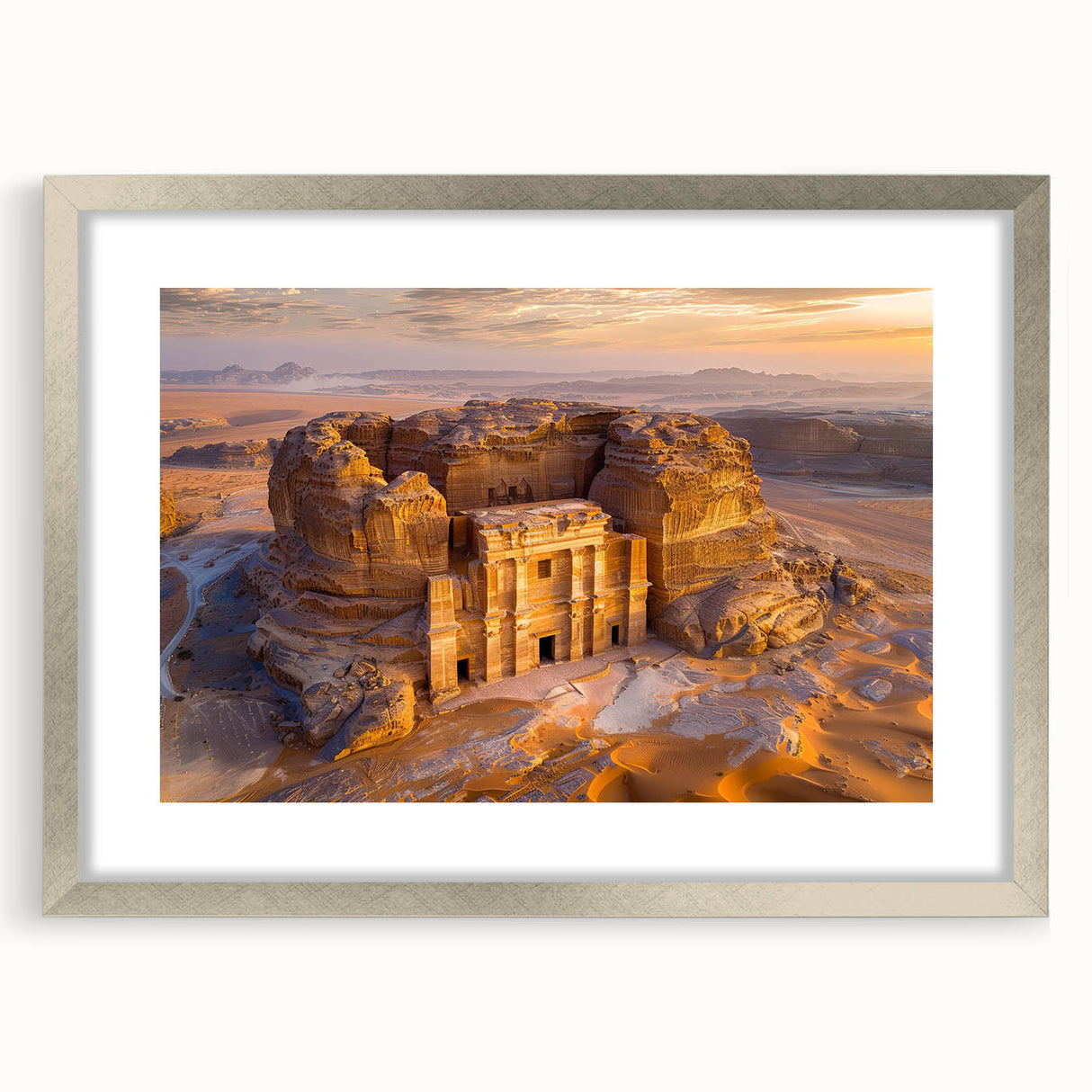 Textured abstract art print depicting a serene Saudi Arabian landscape in muted earth tones, framed in silver.