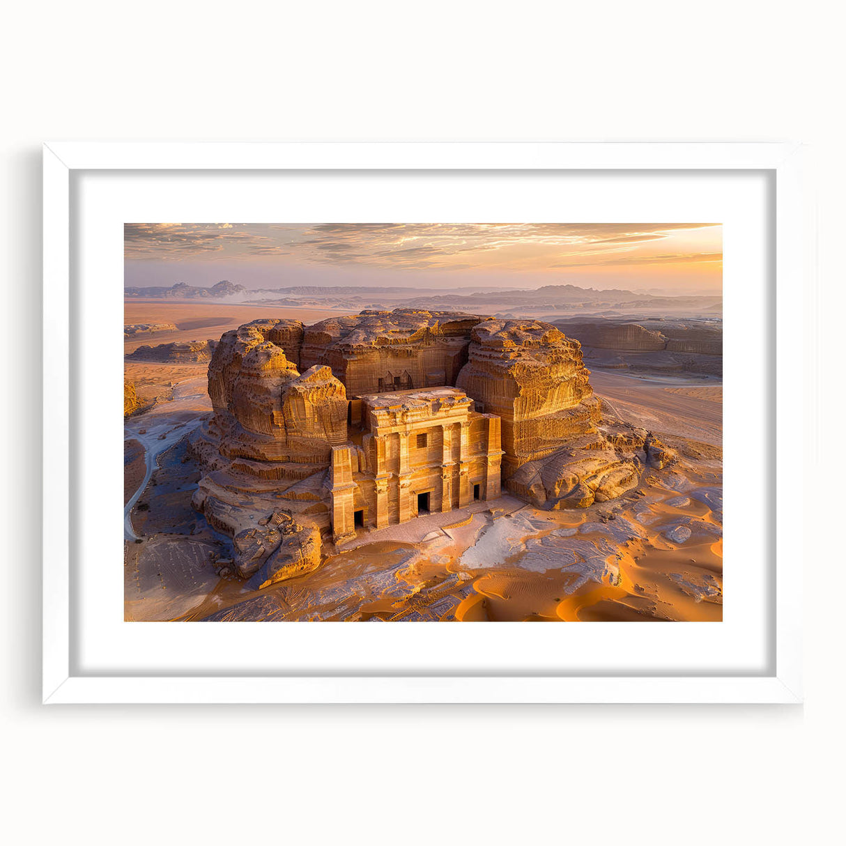 Abstract art print of Saudi Arabian landscape in muted earth tones on a framed white canvas, suitable for dining room decor.