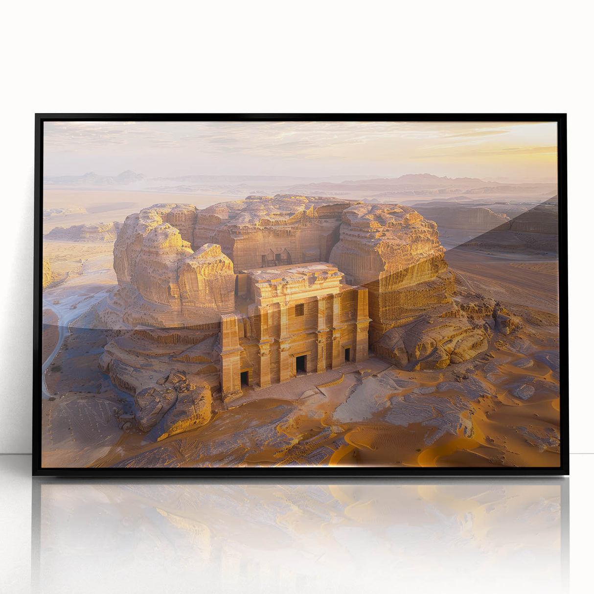 Large abstract wall art depicting a Saudi Arabian landscape in muted earth tones on a framed acrylic print.