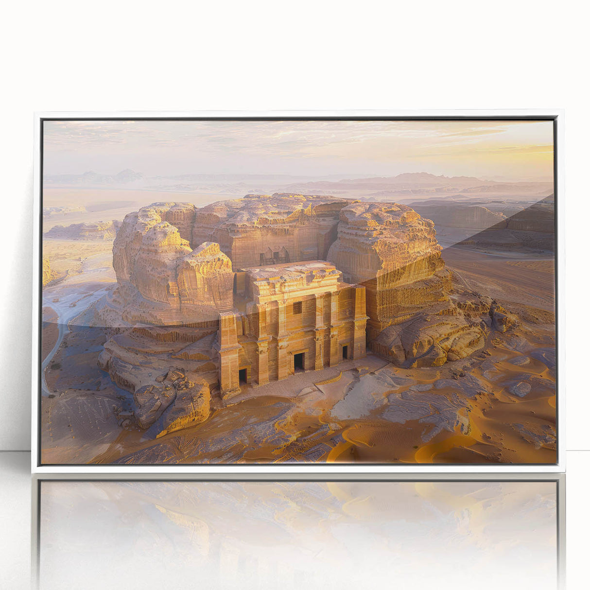 Art deco style poster of Saudi Arabia scenery in muted earth tones on framed acrylic, suitable for modern nursery wall decor.
