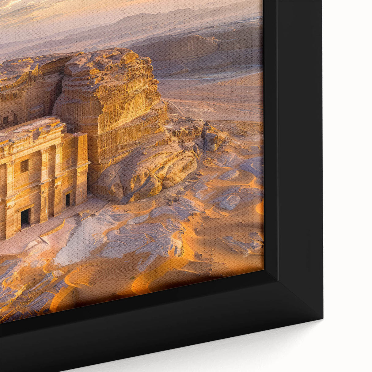 Extra large framed canvas featuring a textured black wall art scene with colorful Middle-Eastern scenery.
