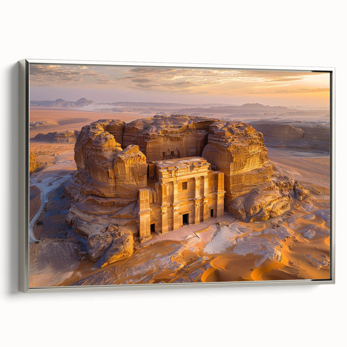 Framed canvas landscape art painting depicting a desert scene in Saudi Arabia, with muted earth tones and a vintage style.